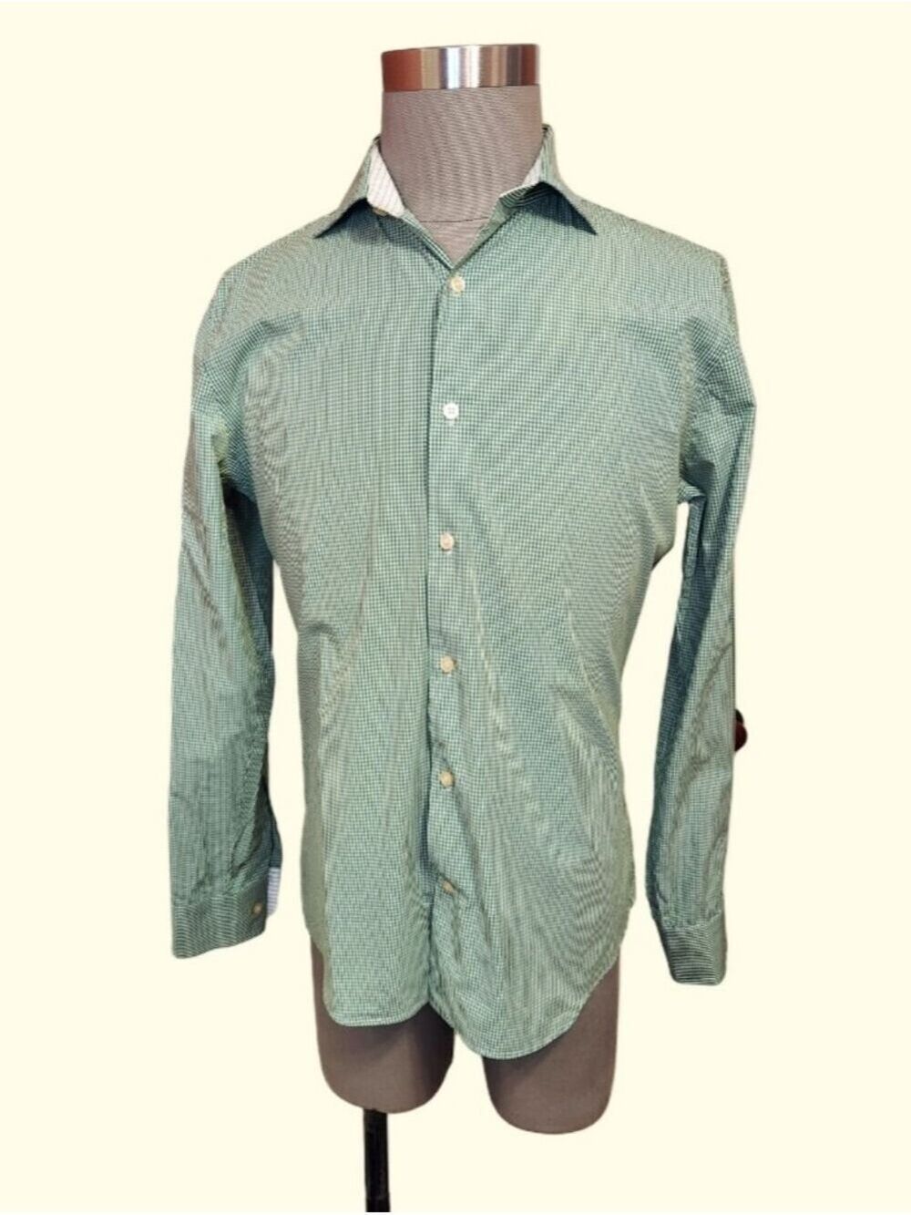 Express Men's Large White Green Gingham Plaid Button Up Shirt